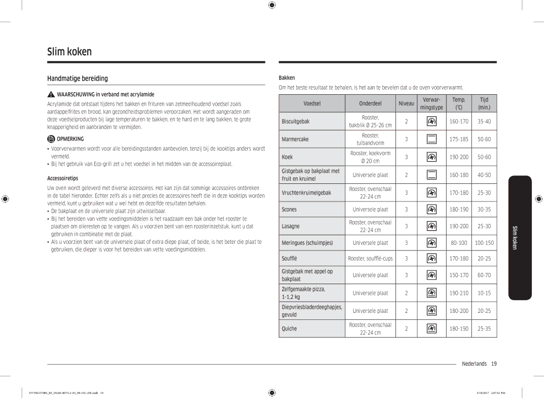 Samsung NV70K3370BS/EF, NV70K3370BS/EG, NV70M3372BS/EF, NV70K3370BB/EF, NV70M3372BB/EF manual Slim koken, Handmatige bereiding 