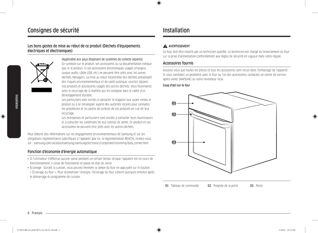 Samsung NV70K3370BS/EF Consignes de sécurité Installation, Fonction déconomie dénergie automatique, Accessoires fournis 