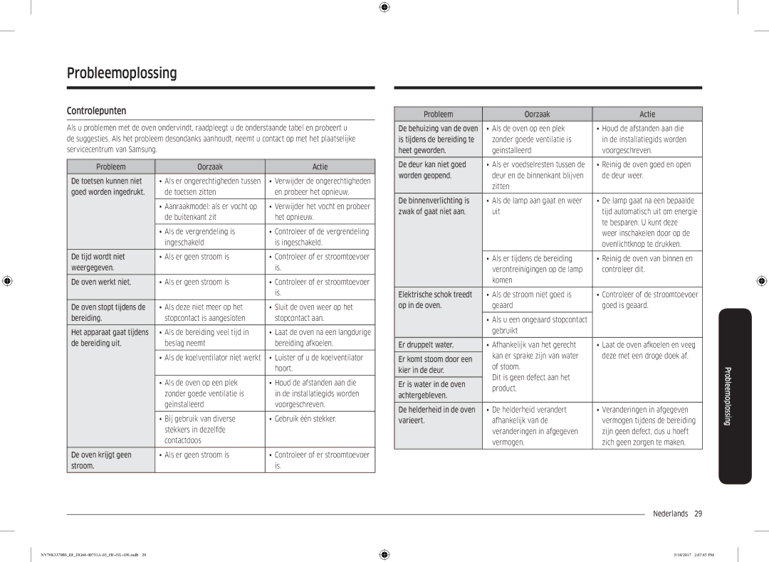 Samsung NV70K3370BS/EF, NV70K3370BS/EG, NV70M3372BS/EF, NV70K3370BB/EF, NV70M3372BB/EF manual Probleemoplossing, Controlepunten 