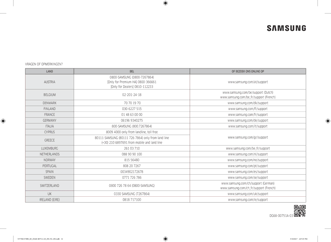 Samsung NV70M3372BB/EF, NV70K3370BS/EG, NV70K3370BS/EF, NV70M3372BS/EF, NV70K3370BB/EF manual Vragen of OPMERKINGEN? 