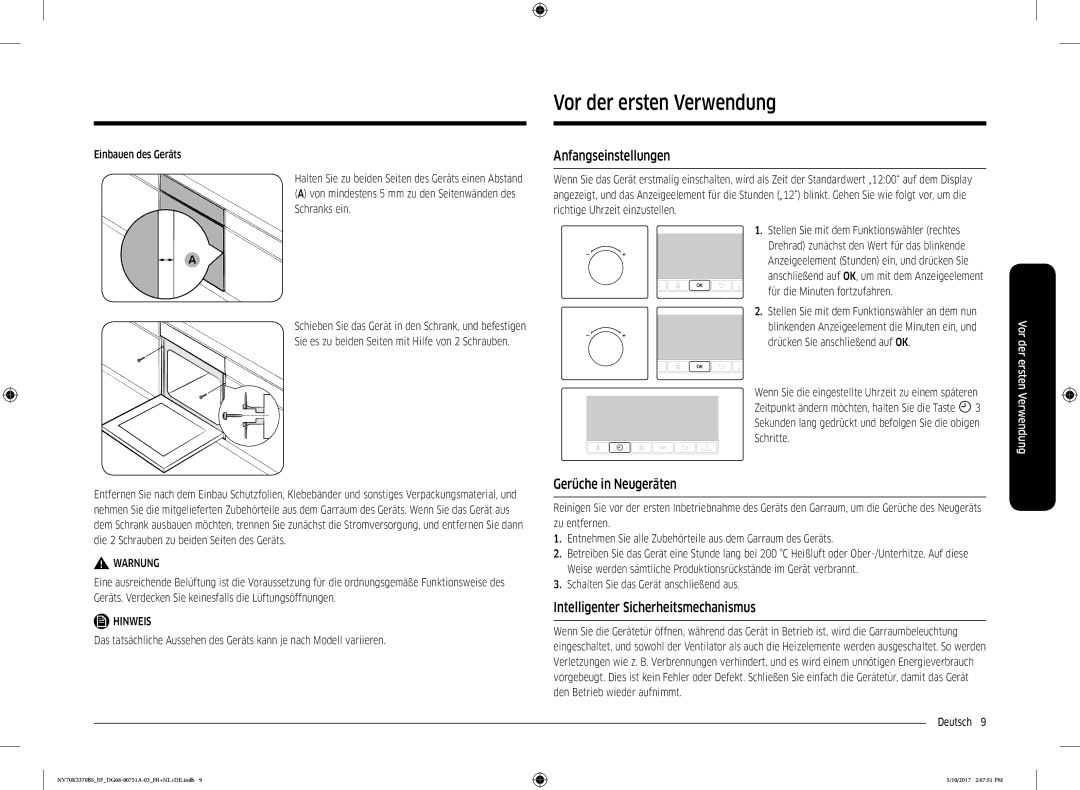 Samsung NV70K3370BB/EF, NV70K3370BS/EG manual Vor der ersten Verwendung, Anfangseinstellungen, Gerüche in Neugeräten 