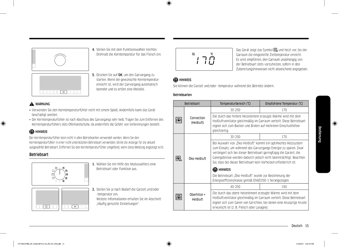 Samsung NV70M3372BB/EF, NV70K3370BS/EG Gleichzeitig 30-250, Die Betriebsart „Öko-Heißluft wurde zur Bestimmung der 