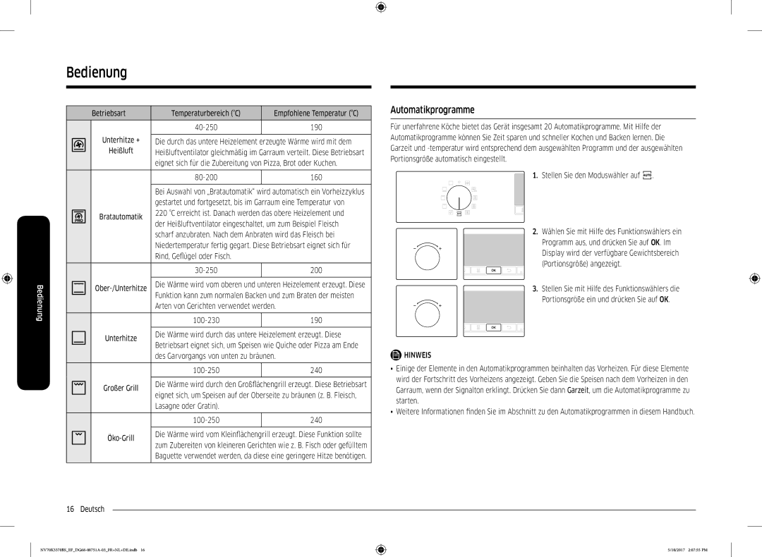 Samsung NV70K3370BS/EG, NV70K3370BS/EF, NV70M3372BS/EF, NV70K3370BB/EF, NV70M3372BB/EF manual Automatikprogramme 