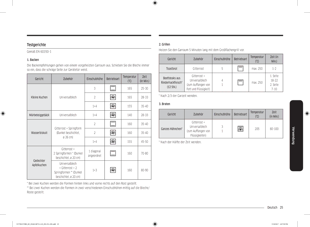 Samsung NV70M3372BB/EF Testgerichte, Nach 2/3 der Garzeit wenden Braten, Nach der Hälfte der Zeit wenden Deutsch  