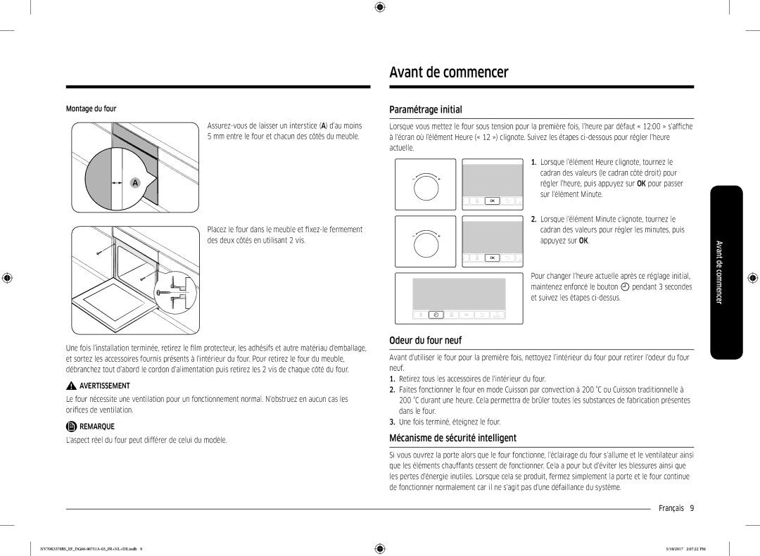 Samsung NV70M3372BB/EF Avant de commencer, Paramétrage initial, Odeur du four neuf, Mécanisme de sécurité intelligent 