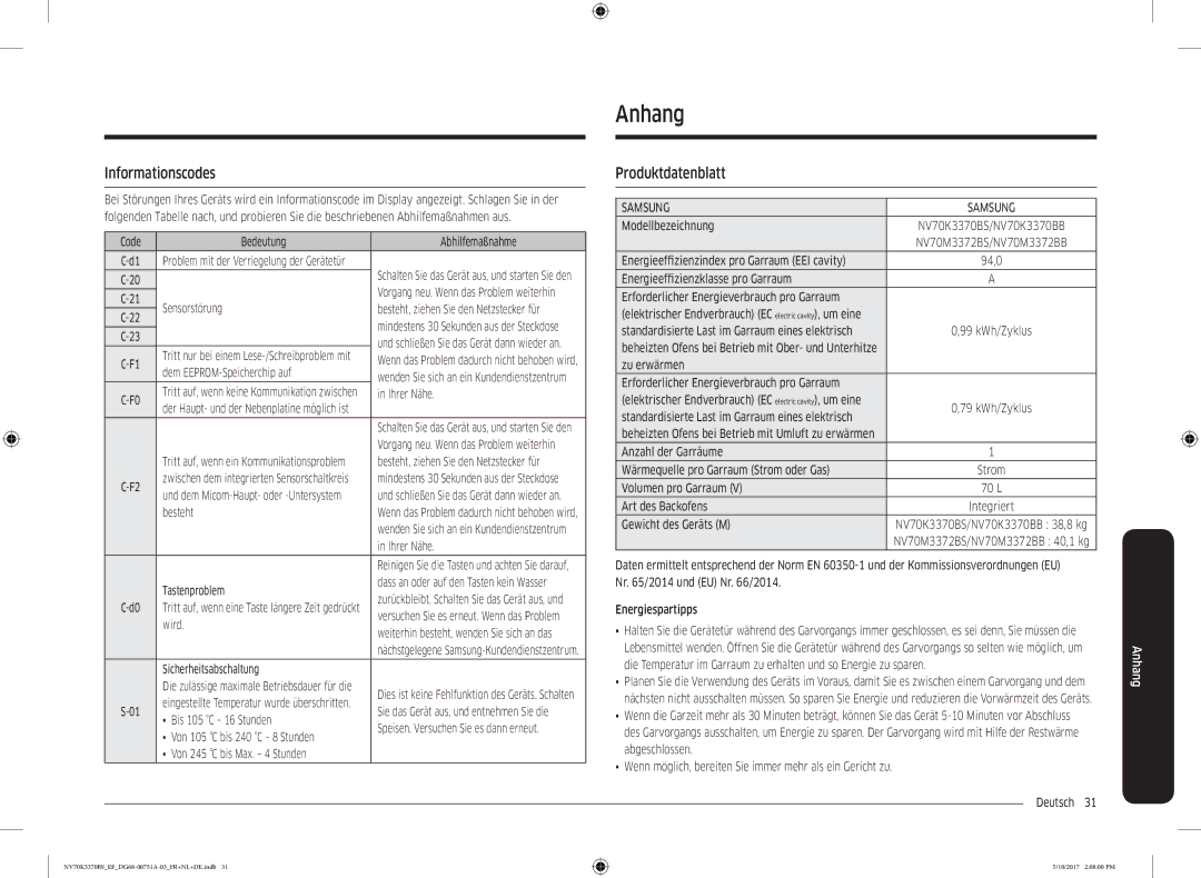 Samsung NV70K3370BS/EG, NV70K3370BS/EF, NV70M3372BS/EF, NV70K3370BB/EF manual Anhang, Informationscodes, Produktdatenblatt 