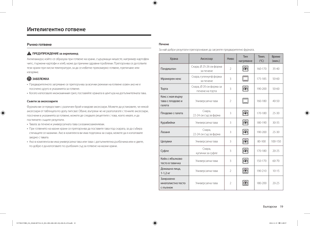 Samsung NV70K3370BS/OL Интелигентно готвене, Ръчно готвене, Предупреждение за акриламид, Съвети за аксесоарите, Печене 