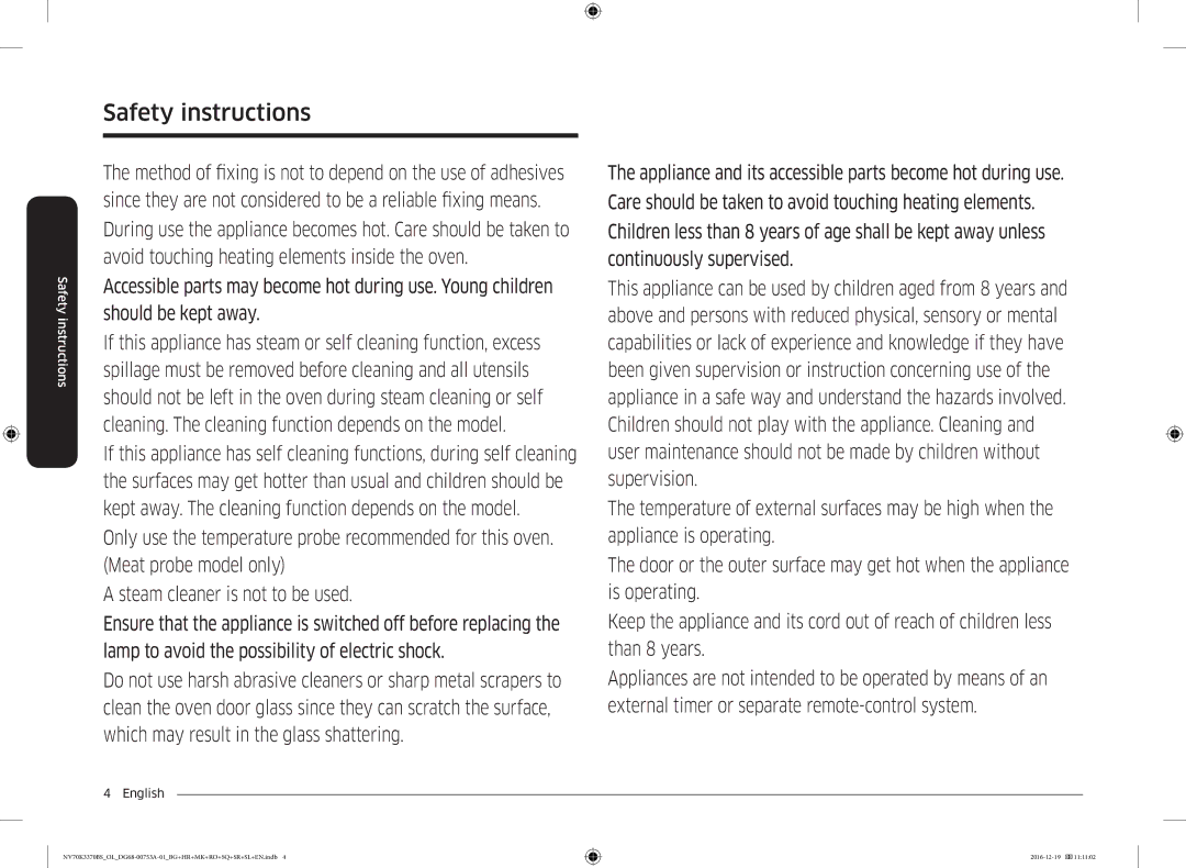 Samsung NV70K3370BS/OL manual Safety instructions 