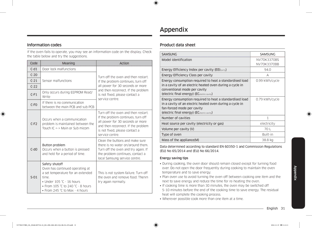 Samsung NV70K3370BS/OL manual Appendix, Information codes, Product data sheet 