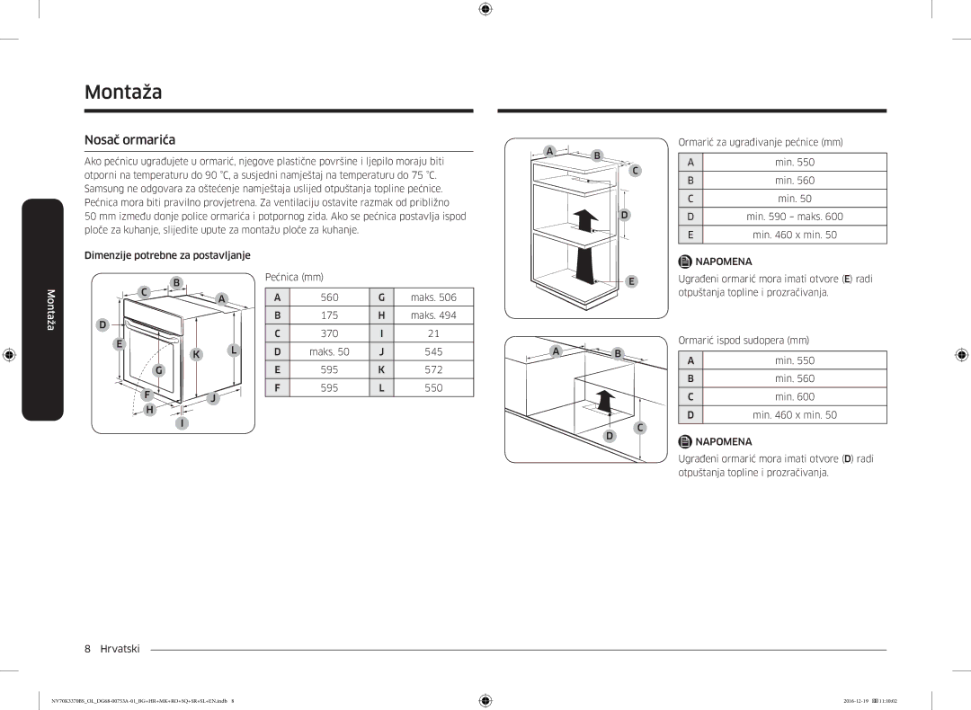 Samsung NV70K3370BS/OL manual Nosač ormarića, Ugrađeni ormarić mora imati otvore E radi, Otpuštanja topline i prozračivanja 