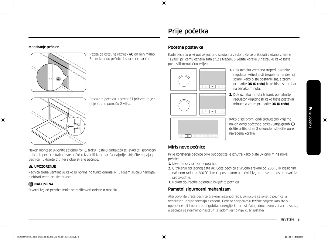 Samsung NV70K3370BS/OL manual Prije početka, Početne postavke, Miris nove pećnice, Pametni sigurnosni mehanizam 