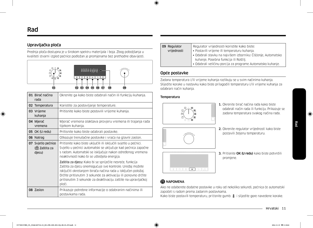 Samsung NV70K3370BS/OL manual Rad, Upravljačka ploča, Opće postavke 