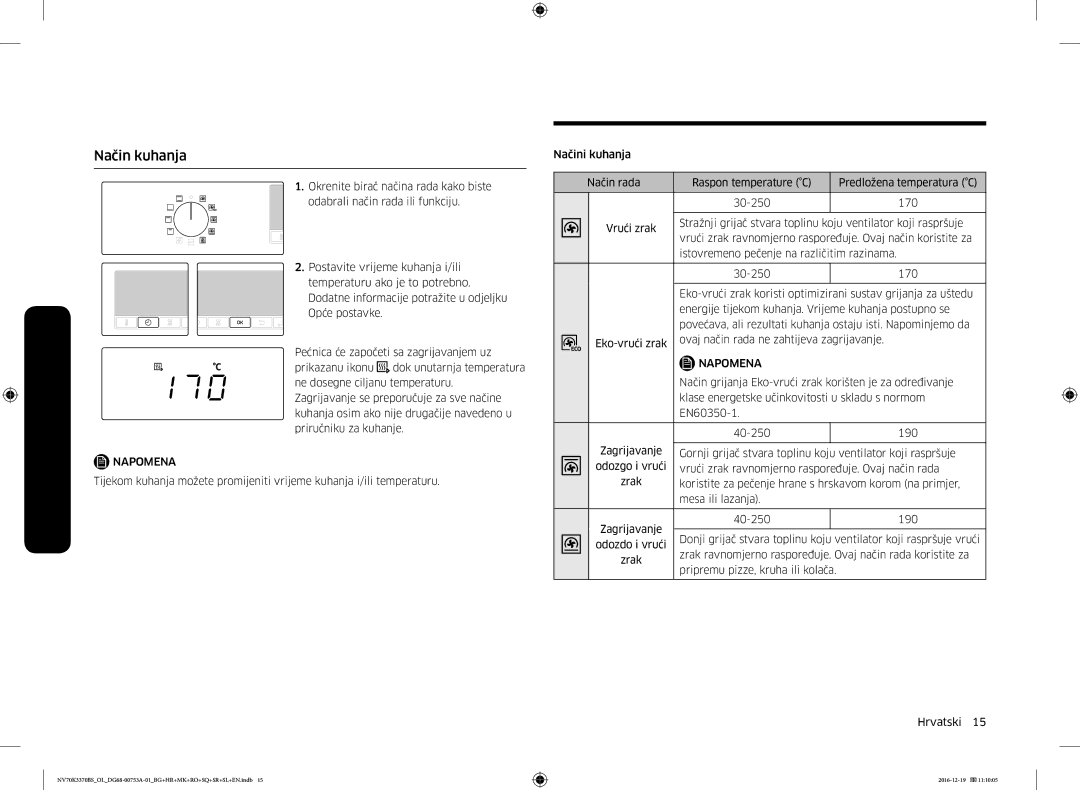 Samsung NV70K3370BS/OL manual Način kuhanja, Vrući zrak ravnomjerno raspoređuje. Ovaj način koristite za 