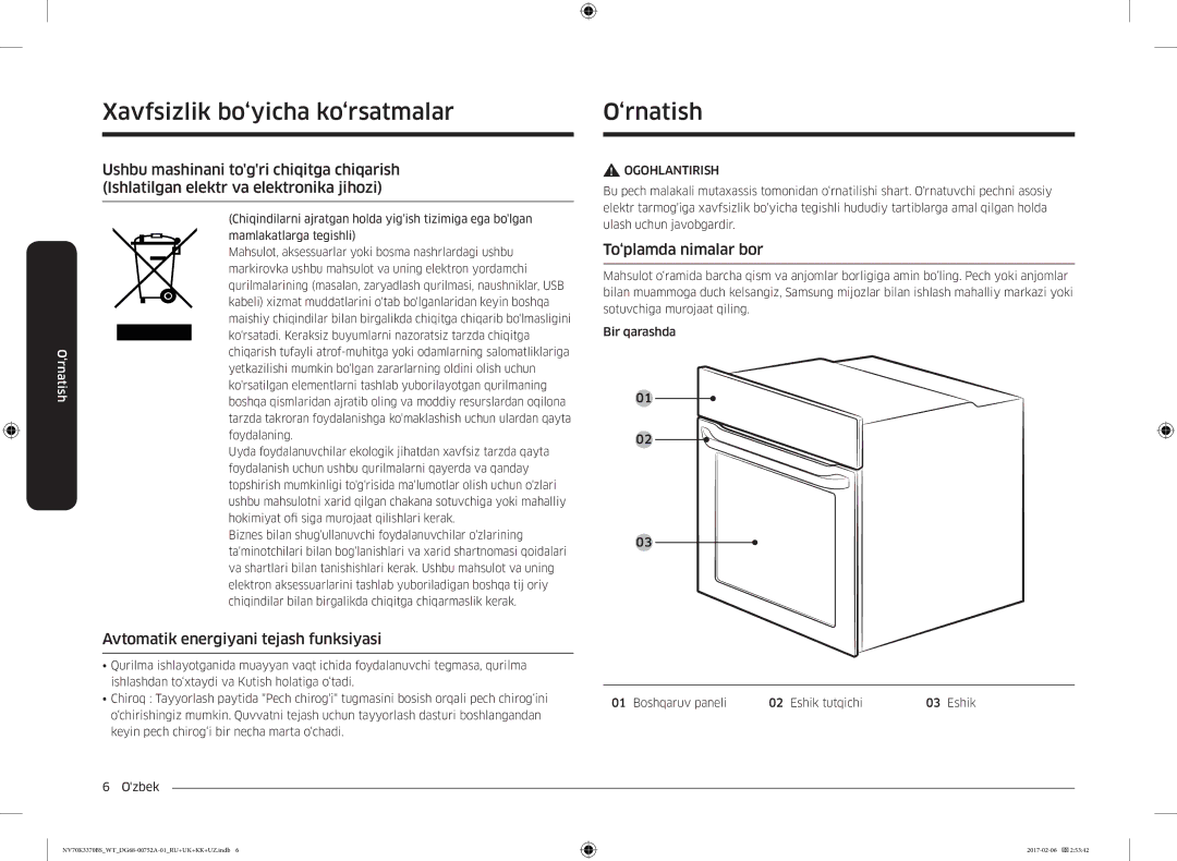 Samsung NV70K3370BS/WT, NV70K3370BB/WT manual Avtomatik energiyani tejash funksiyasi, To‘plamda nimalar bor 