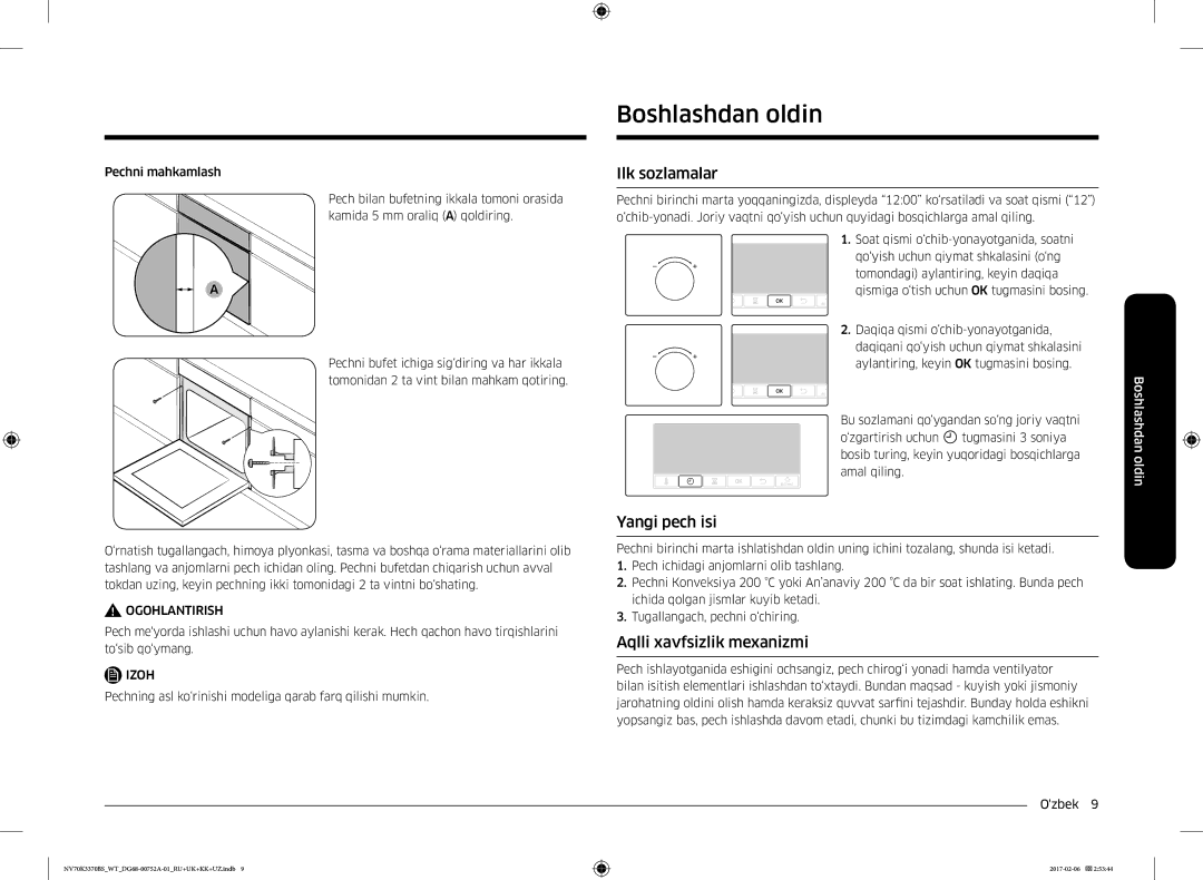 Samsung NV70K3370BB/WT, NV70K3370BS/WT manual Ilk sozlamalar, Yangi pech isi, Aqlli xavfsizlik mexanizmi, Amal qiling 