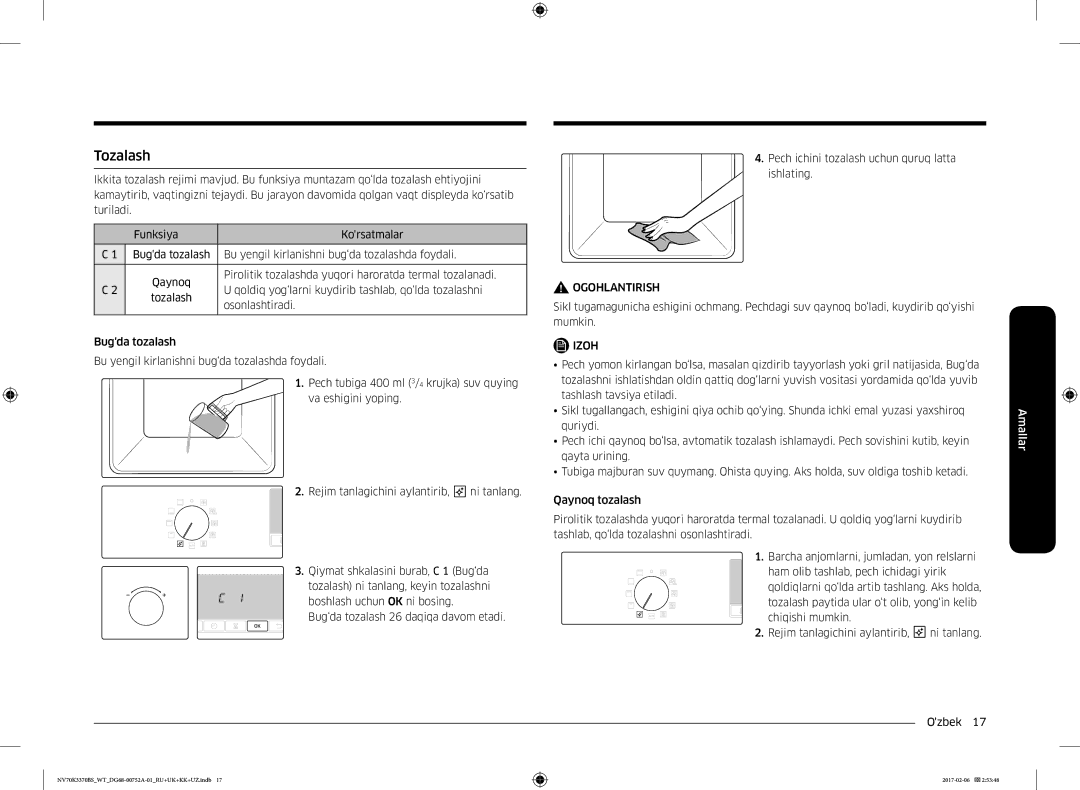 Samsung NV70K3370BB/WT manual Tozalash, Bu yengil kirlanishni bug‘da tozalashda foydali, Osonlashtiradi, Bugda tozalash 