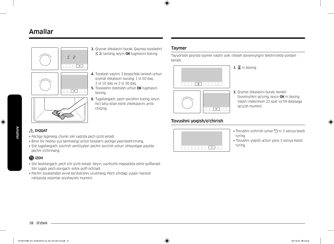 Samsung NV70K3370BS/WT, NV70K3370BB/WT manual Taymer, Tovushni yoqish/o‘chirish 