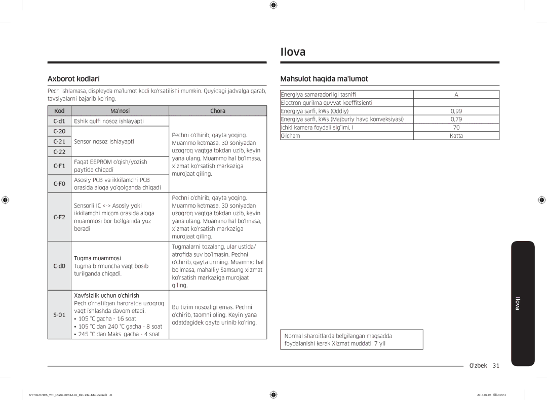 Samsung NV70K3370BB/WT, NV70K3370BS/WT manual Axborot kodlari, Mahsulot haqida malumot 