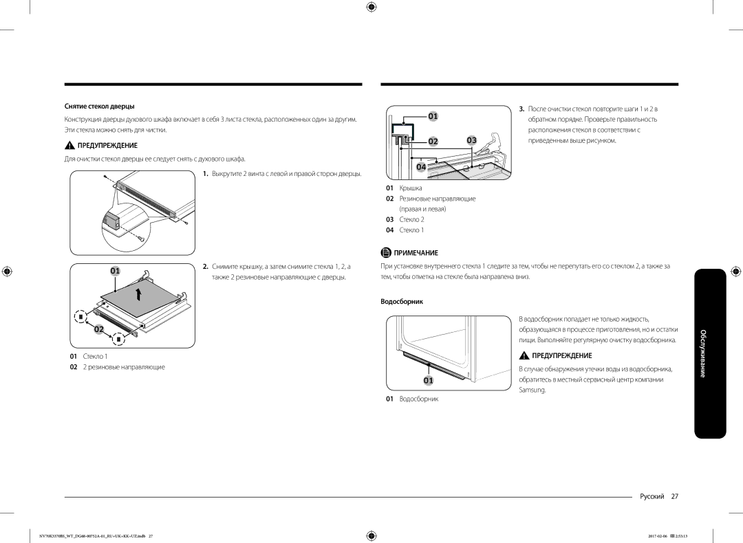 Samsung NV70K3370BB/WT, NV70K3370BS/WT manual Снятие стекол дверцы, Водосборник 
