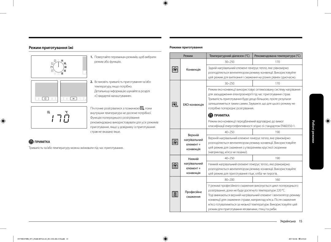 Samsung NV70K3370BB/WT, NV70K3370BS/WT manual Режим приготування їжі, Режими приготування 