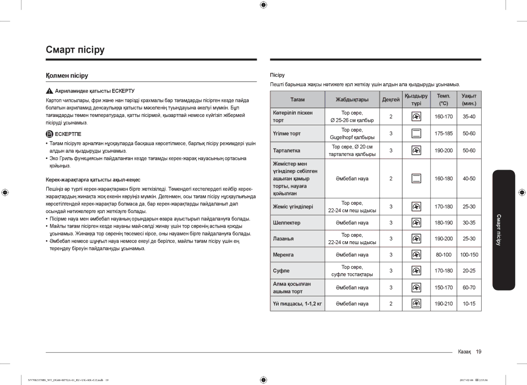 Samsung NV70K3370BB/WT, NV70K3370BS/WT manual Смарт пісіру, Қолмен пісіру 