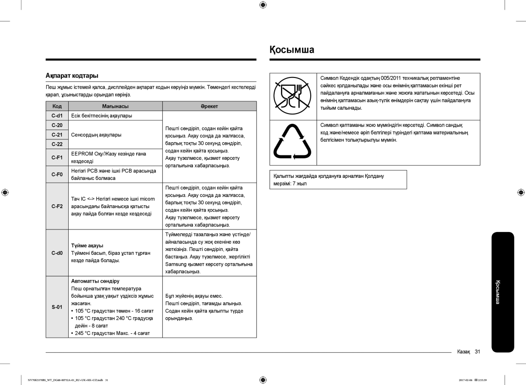 Samsung NV70K3370BB/WT, NV70K3370BS/WT manual Қосымша, Ақпарат кодтары, Код Мағынасы Әрекет, Түйме ақауы, Автоматты сөндіру 