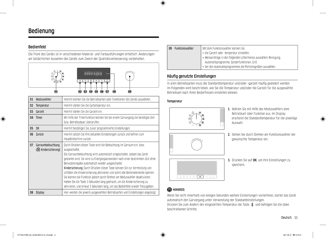 Samsung NV70K3370BS/EG, NV70K3370RS/EG manual Bedienung, Bedienfeld, Häufig genutzte Einstellungen 