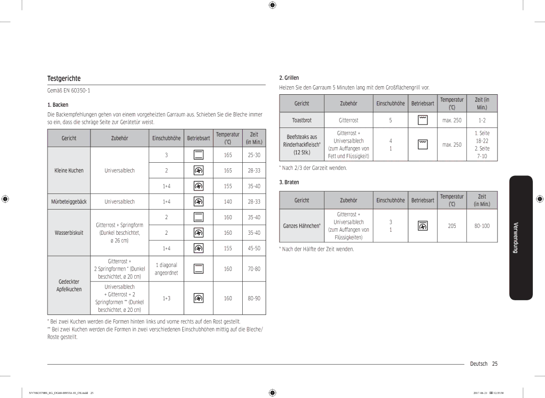 Samsung NV70K3370BS/EG Testgerichte, Nach 2/3 der Garzeit wenden Braten, Nach der Hälfte der Zeit wenden Deutsch  