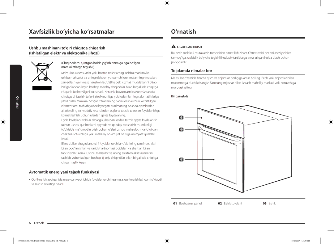 Samsung NV70M1315BS/WT manual ‘rnatish, Avtomatik energiyani tejash funksiyasi, To‘plamda nimalar bor 