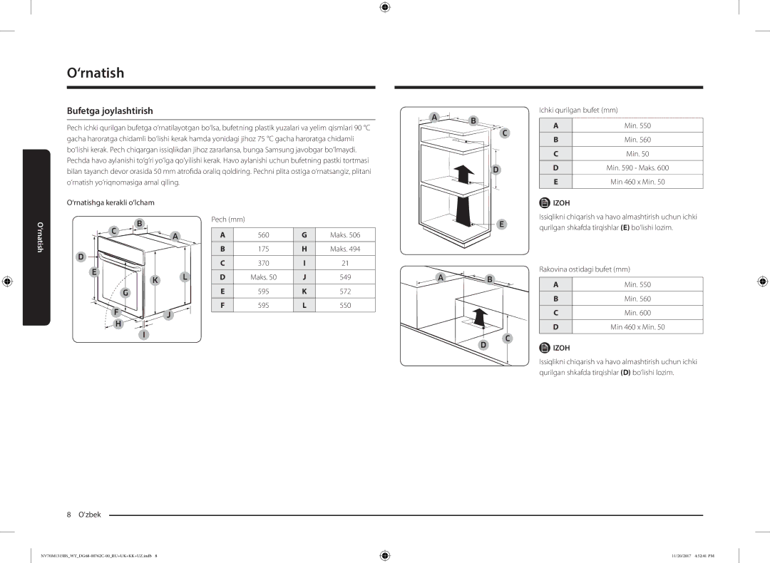 Samsung NV70M1315BS/WT manual Bufetga joylashtirish, Maks 