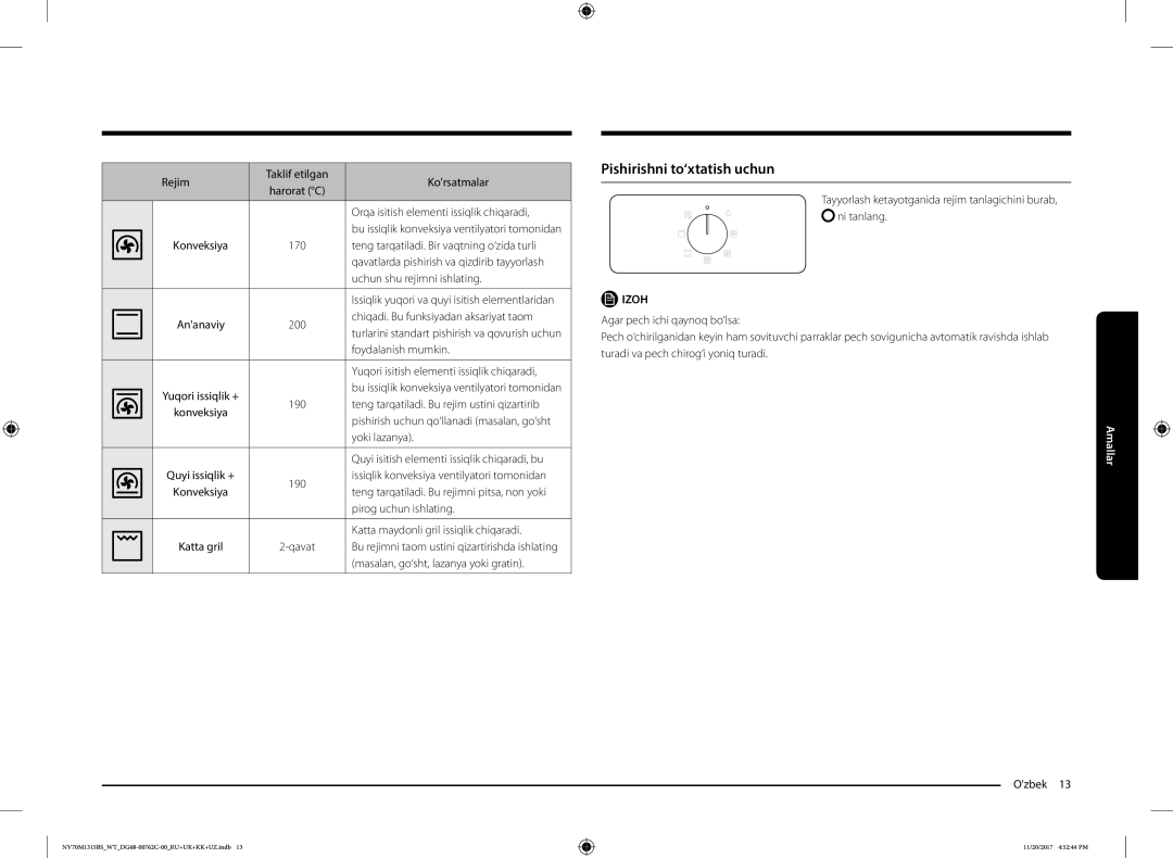 Samsung NV70M1315BS/WT manual Pishirishni to‘xtatish uchun 