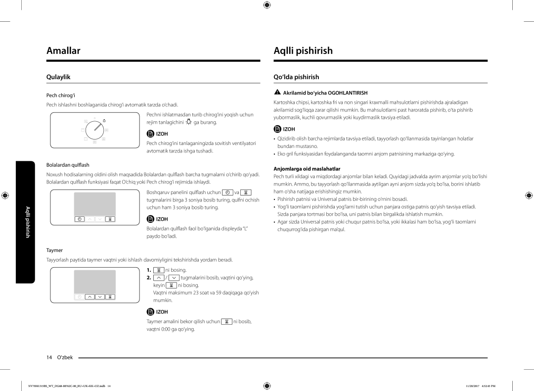 Samsung NV70M1315BS/WT manual Aqlli pishirish, Qulaylik, Qo‘lda pishirish, Akrilamid bo‘yicha Ogohlantirish 