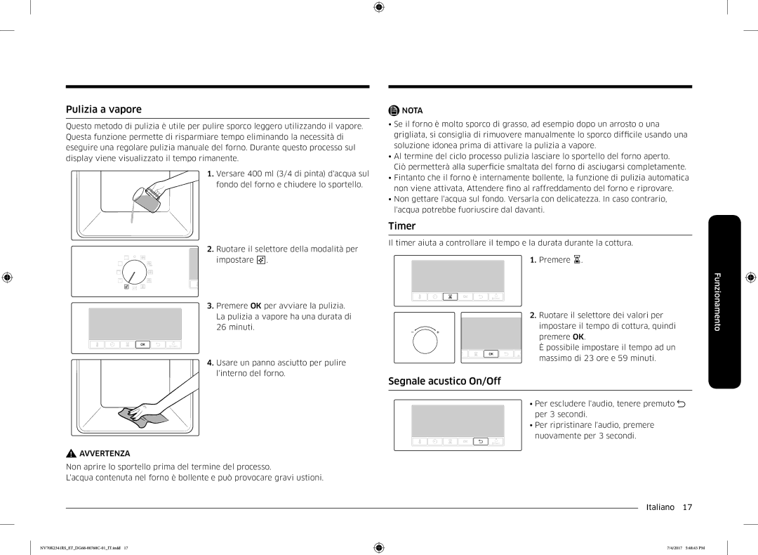 Samsung NV70M2341RS/ET manual Pulizia a vapore, Timer, Segnale acustico On/Off 
