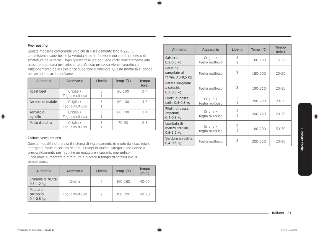 Samsung NV70M2341RS/ET manual Cucinare facile 