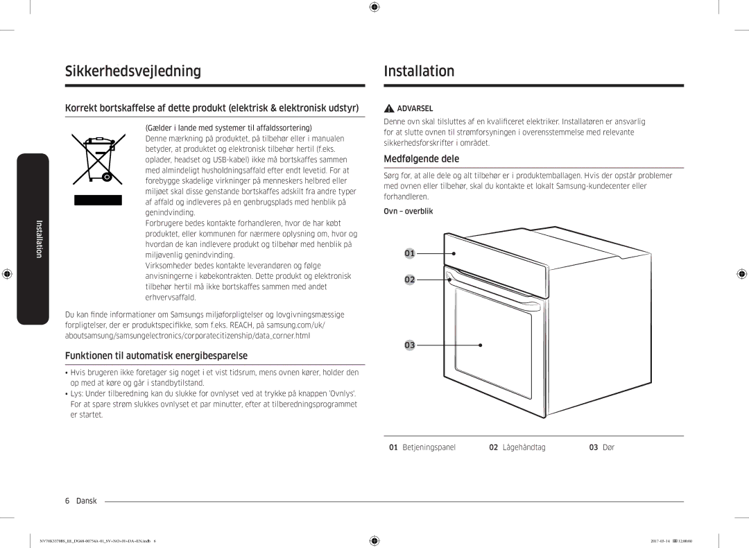 Samsung NV70M3372BS/EE SikkerhedsvejledningInstallation, Funktionen til automatisk energibesparelse, Medfølgende dele 