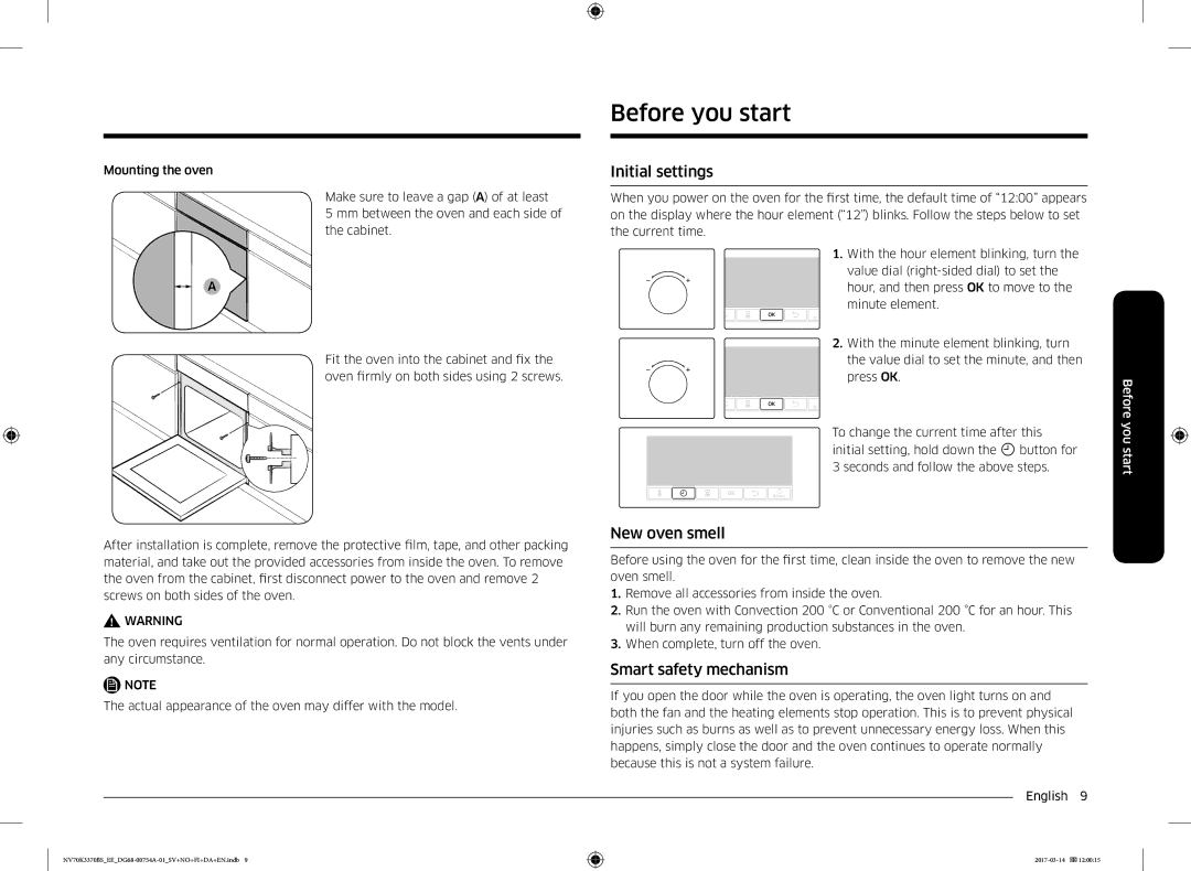 Samsung NV70M3372BS/EE, NV70M3373BS/EE manual Before you start, Initial settings, New oven smell, Smart safety mechanism 