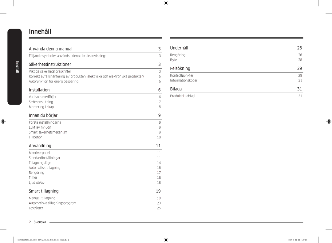 Samsung NV70M3372BS/EE, NV70M3373BS/EE, NV70K3370RS/EE, NV70K3370BS/EE, NV70M3372RS/EE manual Innehåll 