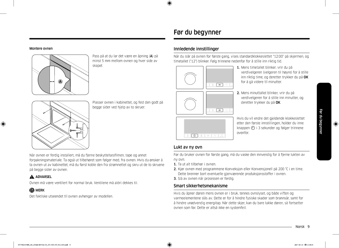 Samsung NV70K3370RS/EE manual Før du begynner, Innledende innstillinger, Lukt av ny ovn, Smart sikkerhetsmekanisme 