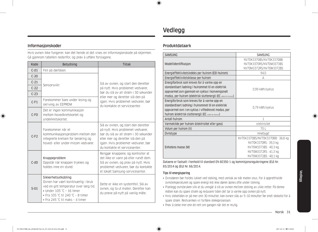 Samsung NV70K3370BS/EE, NV70M3373BS/EE, NV70K3370RS/EE, NV70M3372BS/EE manual Vedlegg, Informasjonskoder, Produktdataark 