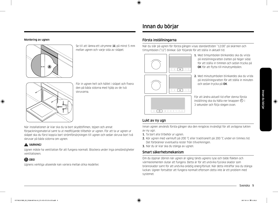 Samsung NV70M3372RS/EE, NV70M3373BS/EE Innan du börjar, Första inställningarna, Lukt av ny ugn, Smart säkerhetsmekanism 