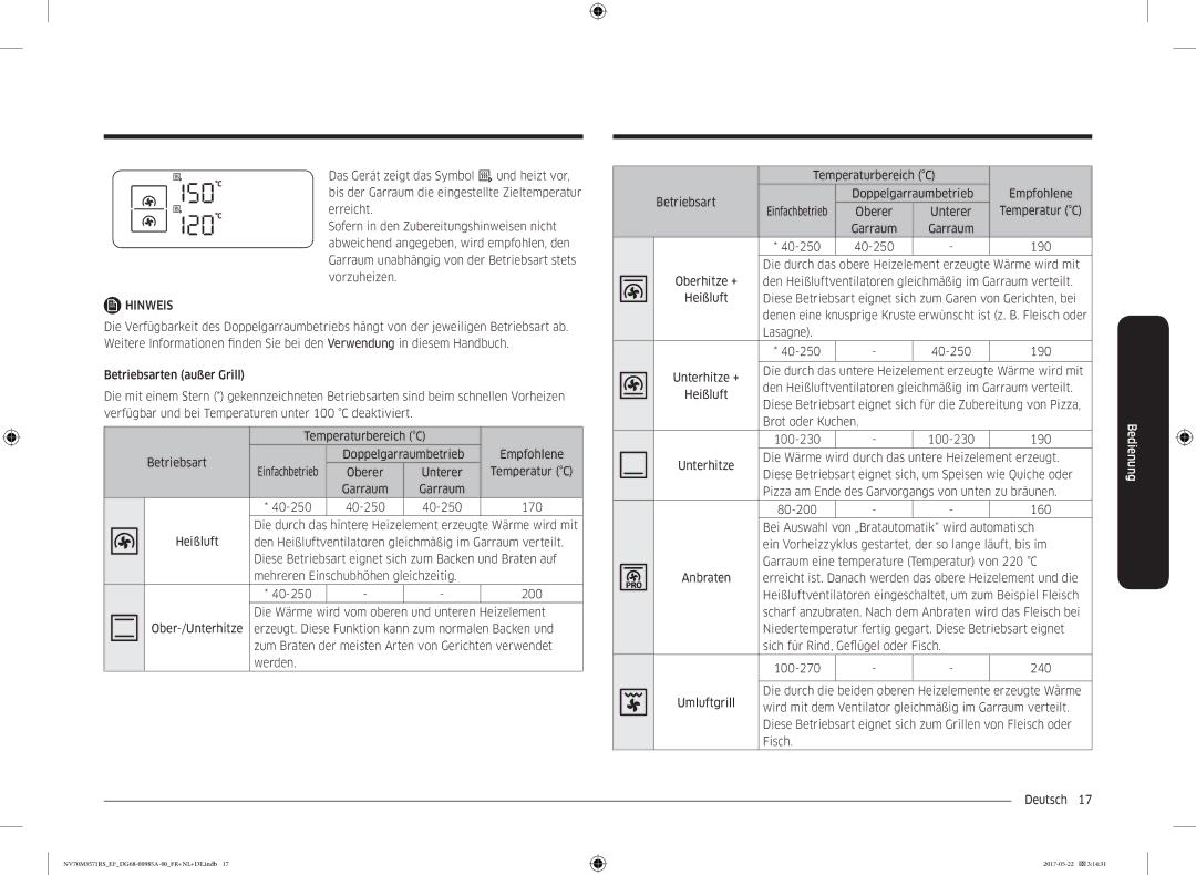 Samsung NV70M3571RS/EF manual Unterer Temperatur C, Erreicht ist. Danach werden das obere Heizelement und die 