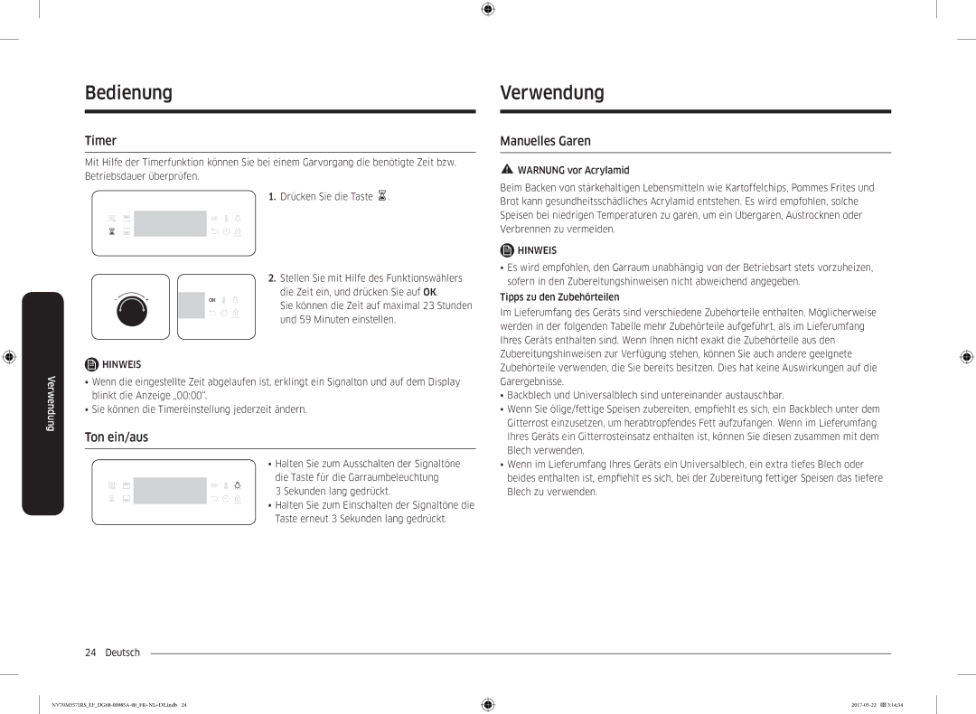 Samsung NV70M3571RS/EF manual BVerwendungdienung, Ton ein/aus, Manuelles Garen 