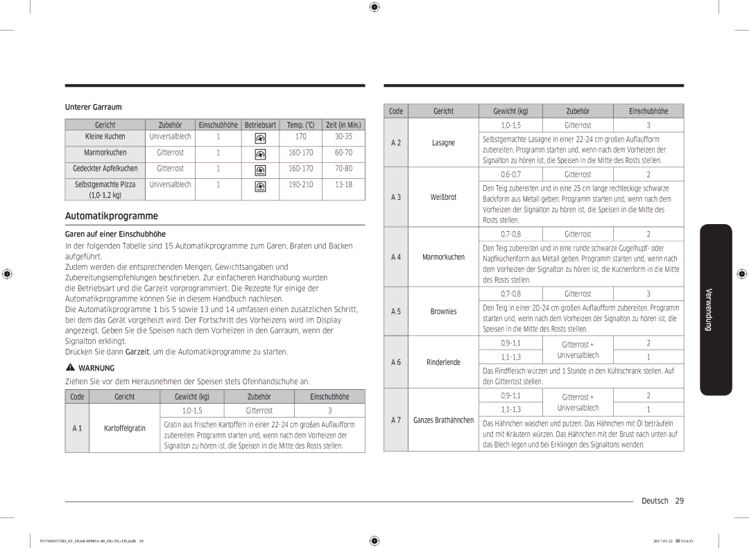 Samsung NV70M3571RS/EF manual Unterer Garraum Gericht Zubehör, Code Gericht, Zubehör Einschubhöhe 1,5, Rosts stellen 0,8 