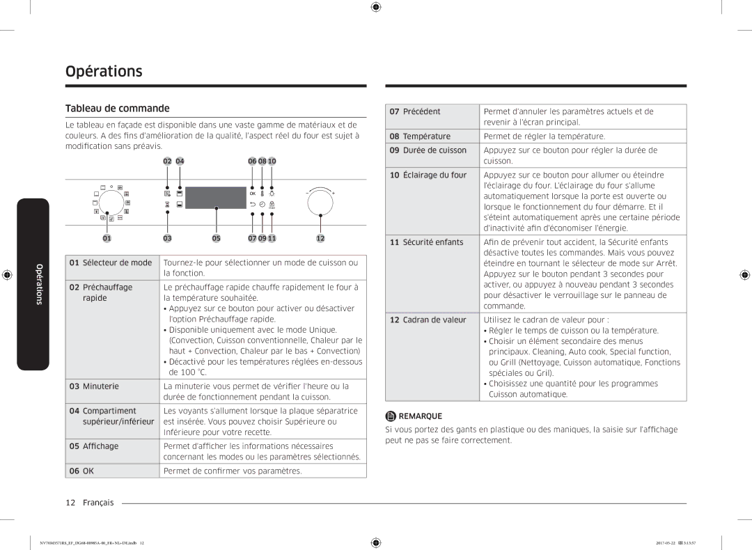 Samsung NV70M3571RS/EF manual Opérations, Tableau de commande 