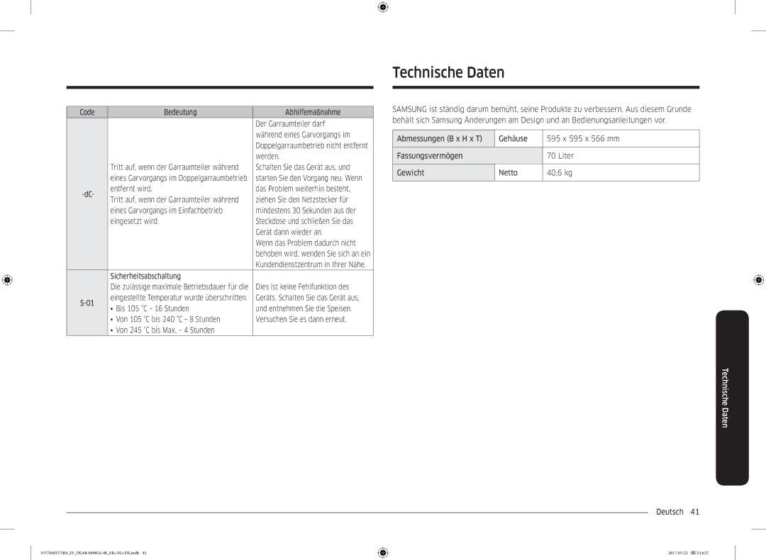 Samsung NV70M3571RS/EF manual Technische Daten, Entfernt wird Das Problem weiterhin besteht, Sicherheitsabschaltung 