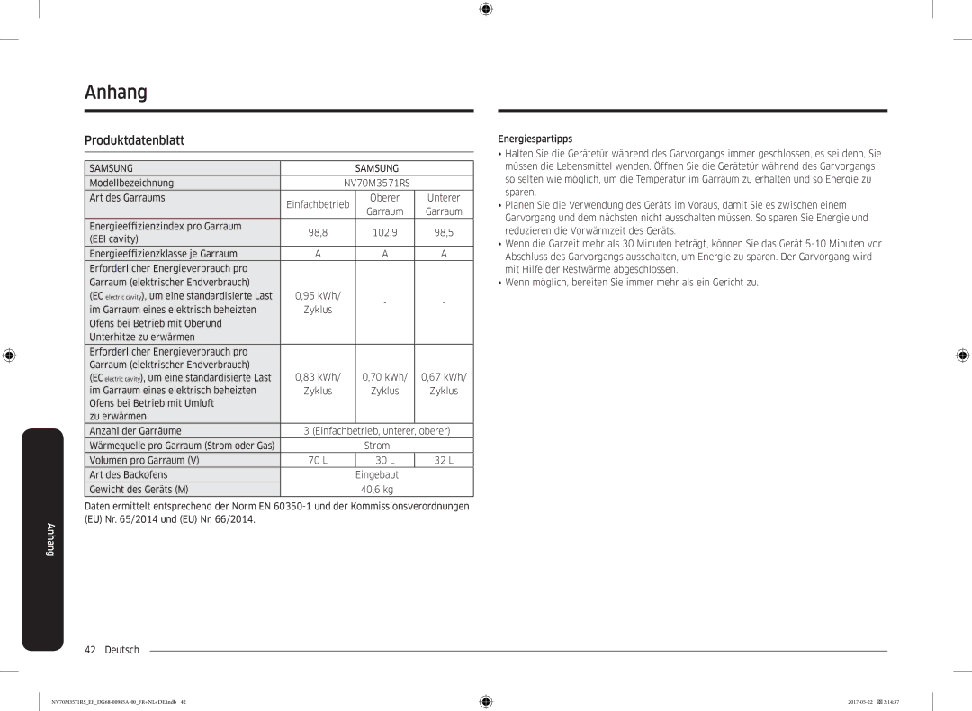 Samsung NV70M3571RS/EF manual Anhang, Produktdatenblatt, Modellbezeichnung, Art des Garraums Einfachbetrieb, Unterer 