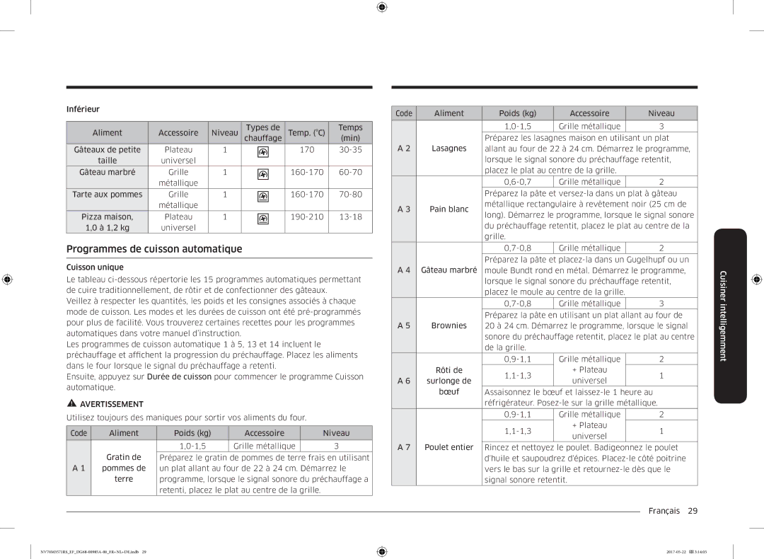 Samsung NV70M3571RS/EF manual Programmes de cuisson automatique 