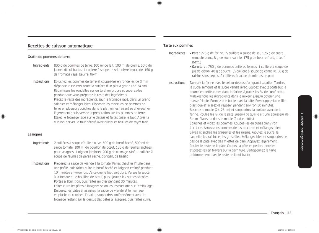 Samsung NV70M3571RS/EF manual Recettes de cuisson automatique 