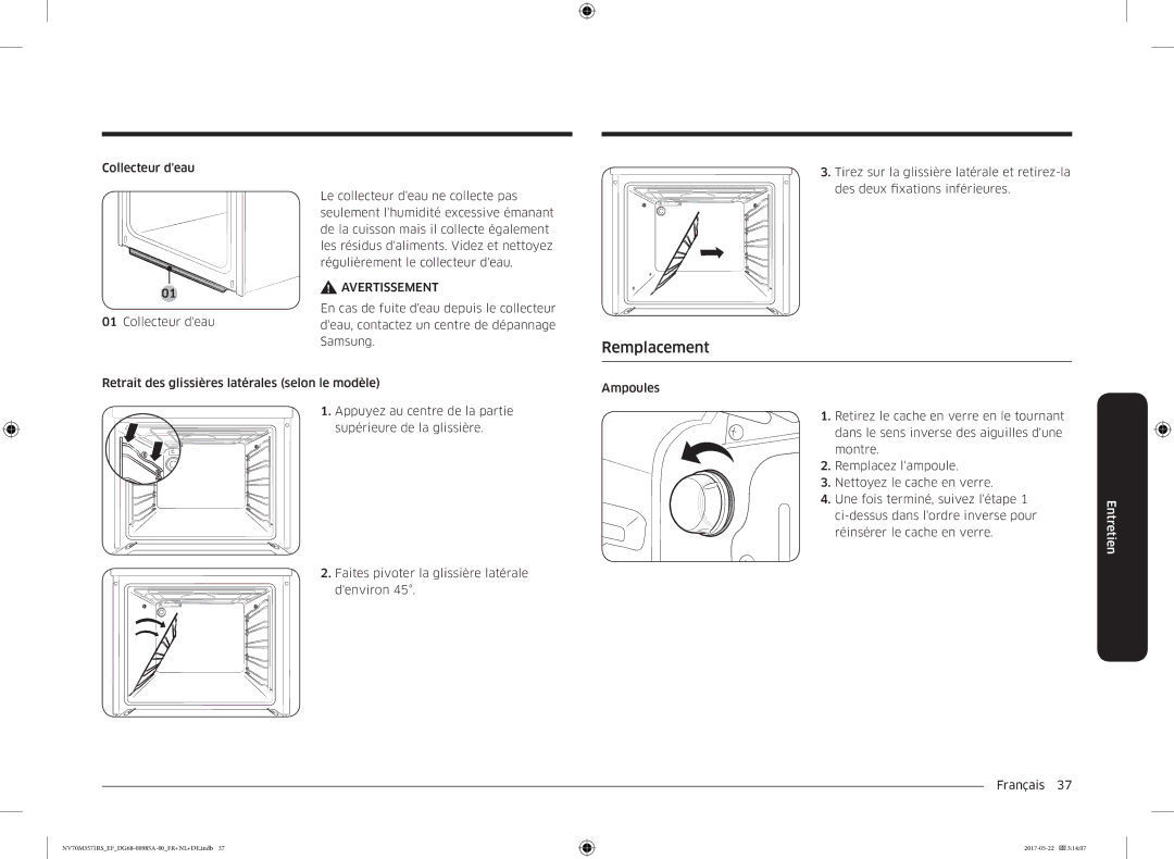 Samsung NV70M3571RS/EF manual Remplacement, Ci-dessus dans lordre inverse pour, Réinsérer le cache en verre Français  