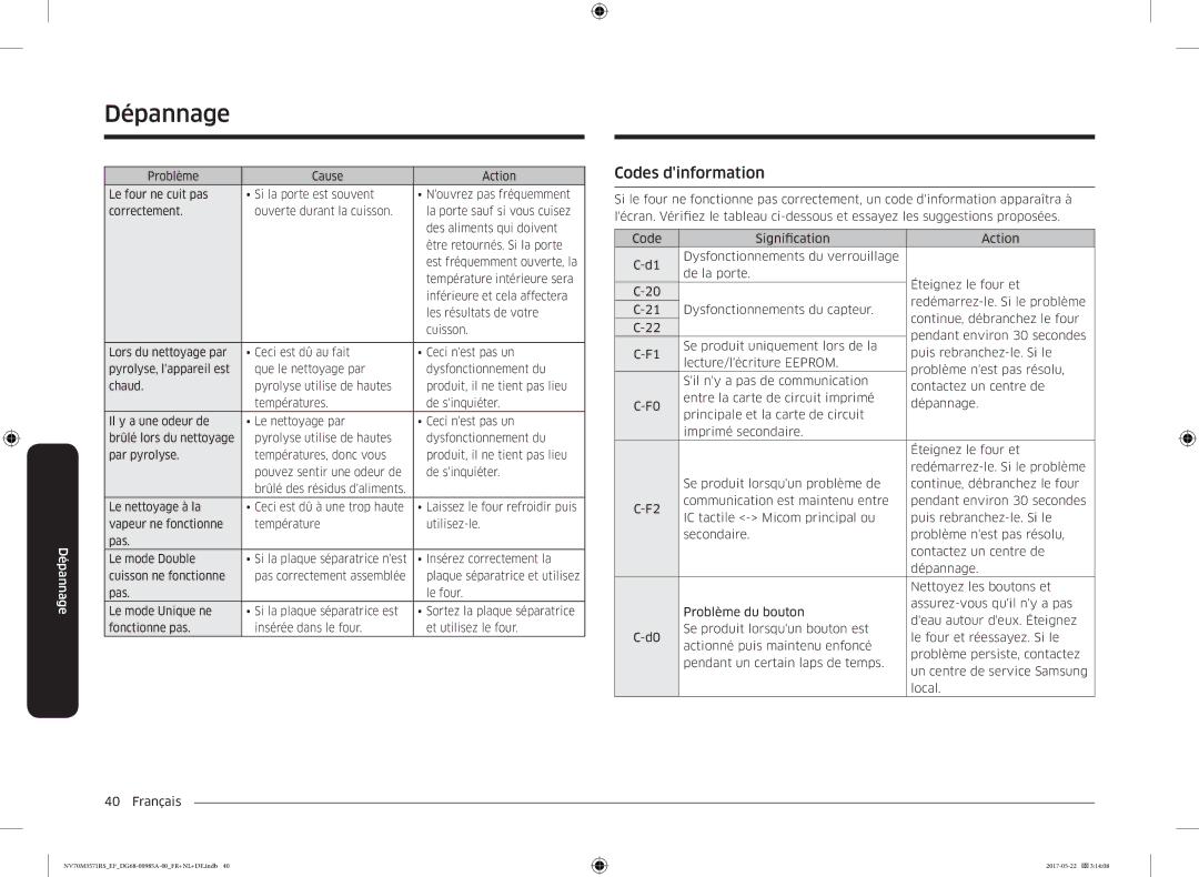 Samsung NV70M3571RS/EF manual Codes dinformation 